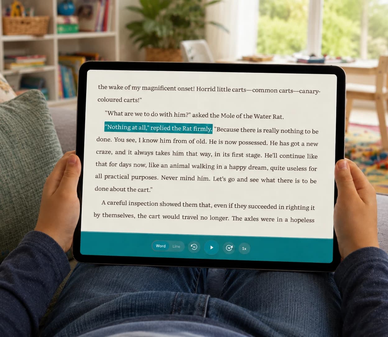 A child reading on an iPad on the couch in a sunlit living room — Sherwood's read-along view open to The Wind in the Willows, one line highlighted as the narrator reads it