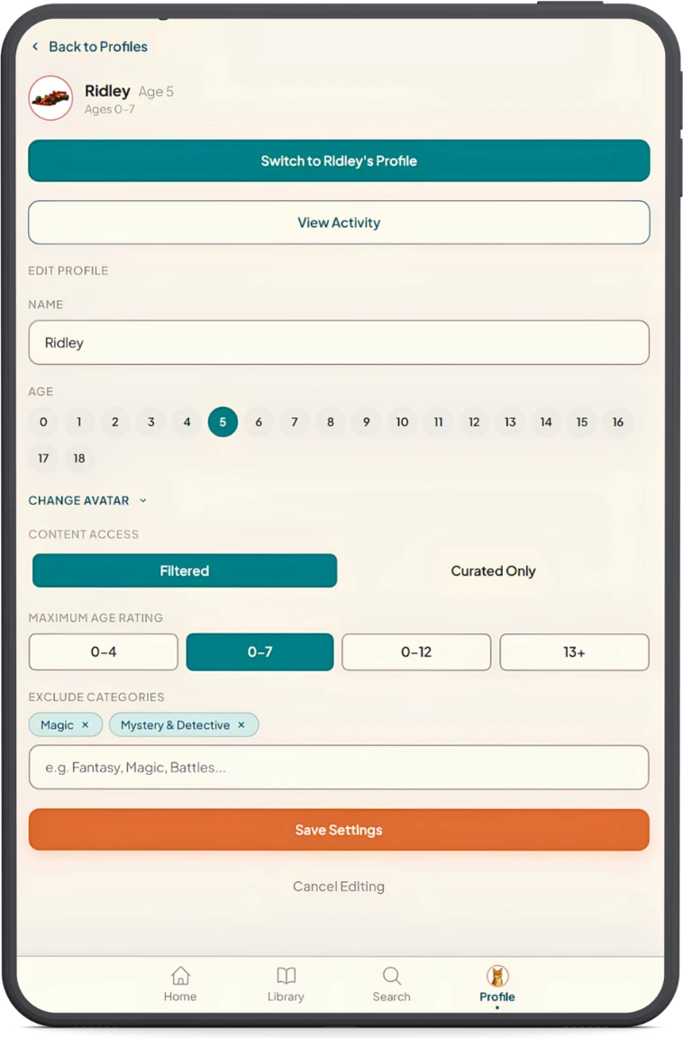 Sherwood profile-editing screen for a child named Ridley, age 5 — showing age-rating limits, excluded categories, and the Filtered vs Curated Only mode toggle